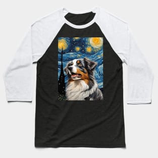 Adorable Australian Shepherd Dog Breed Painting in a Van Gogh Starry Night Art Style Baseball T-Shirt